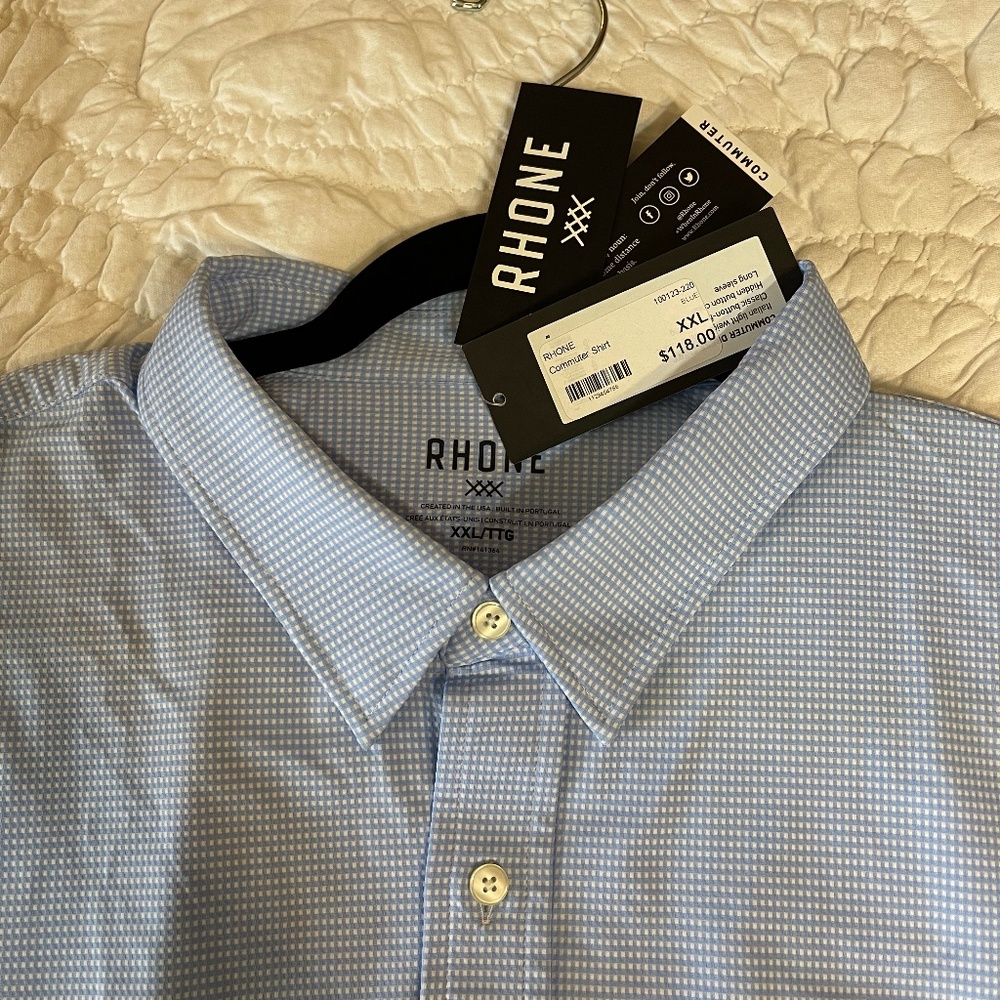 RHONE Commuter Slim Fine Italian Blue Checkered Shirt XXL NEW. Men’s dress shirt